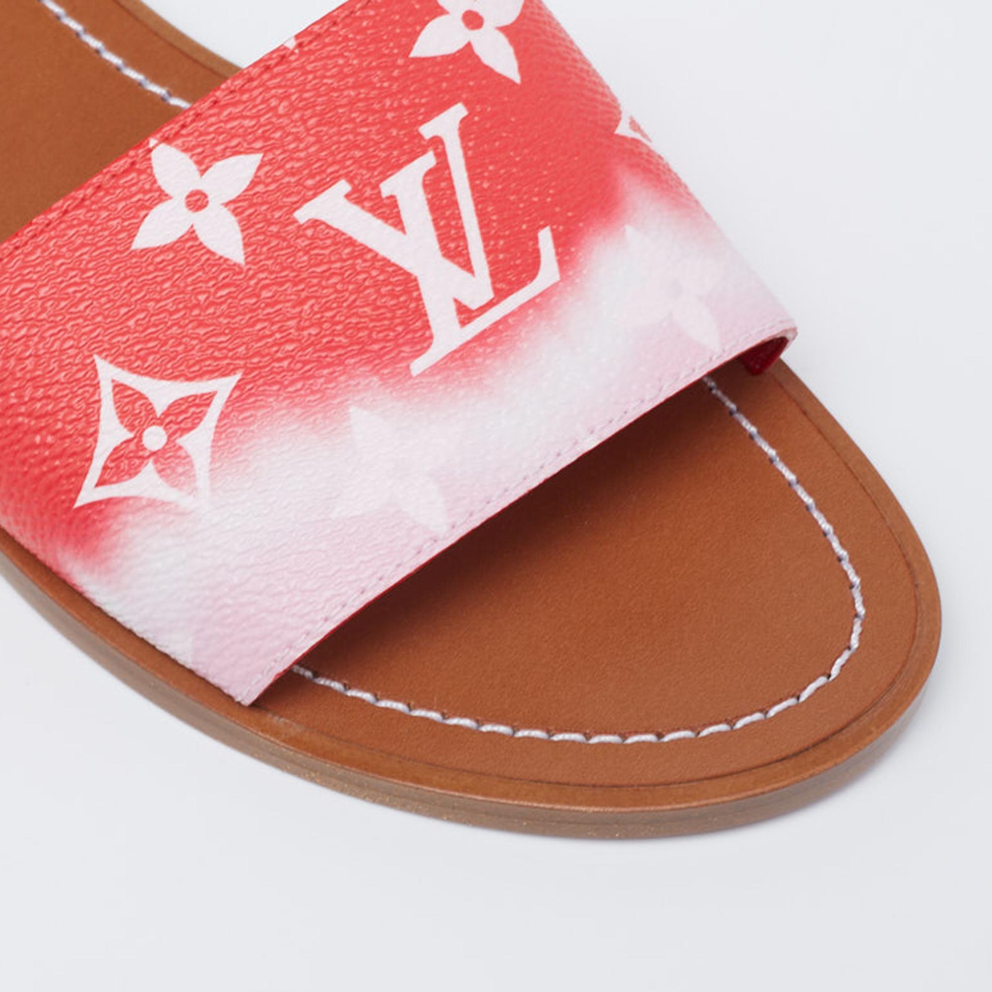 Women's Louis Vuitton Two-Tone Monogram Coated Canvas Escale Lock It Flat Slides Size 37