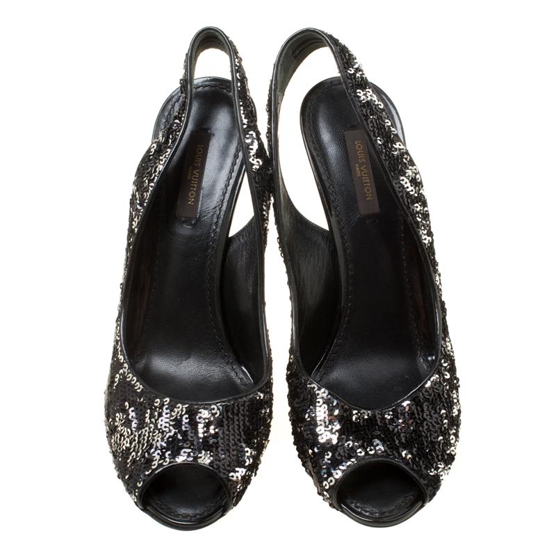 Black Louis Vuitton Two Tone Sequins Liza Peep Toe Slingback Sandals Size 37.5