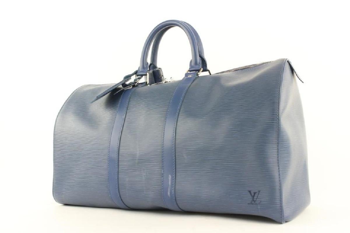 Louis Vuitton Ultra Rare Navy Blue SHW Epi Leather Keepall 45 Duffle Bag 498lvs35






