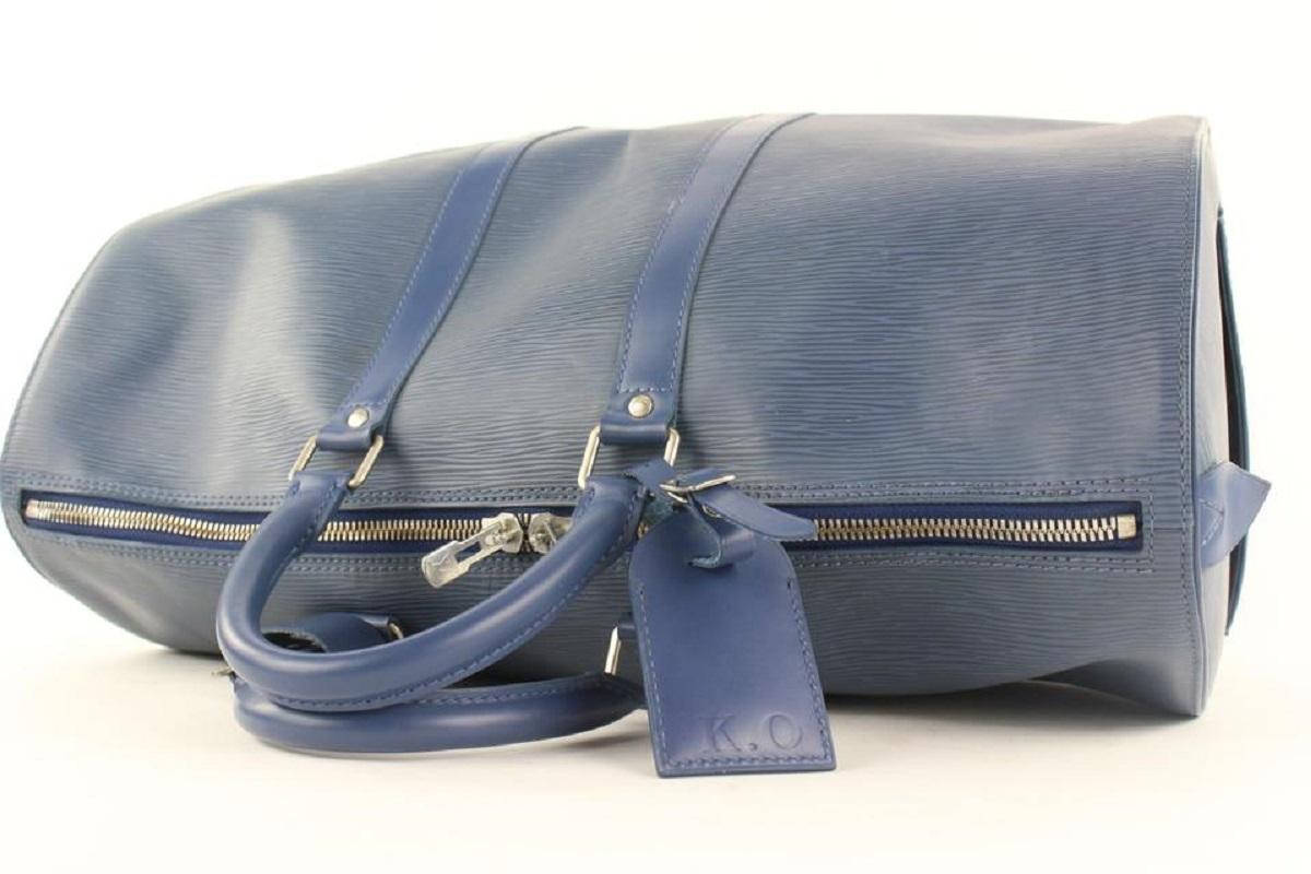 Gray Louis Vuitton Ultra Rare Navy Blue SHW Epi Leather Keepall 45 Duffle Bag 