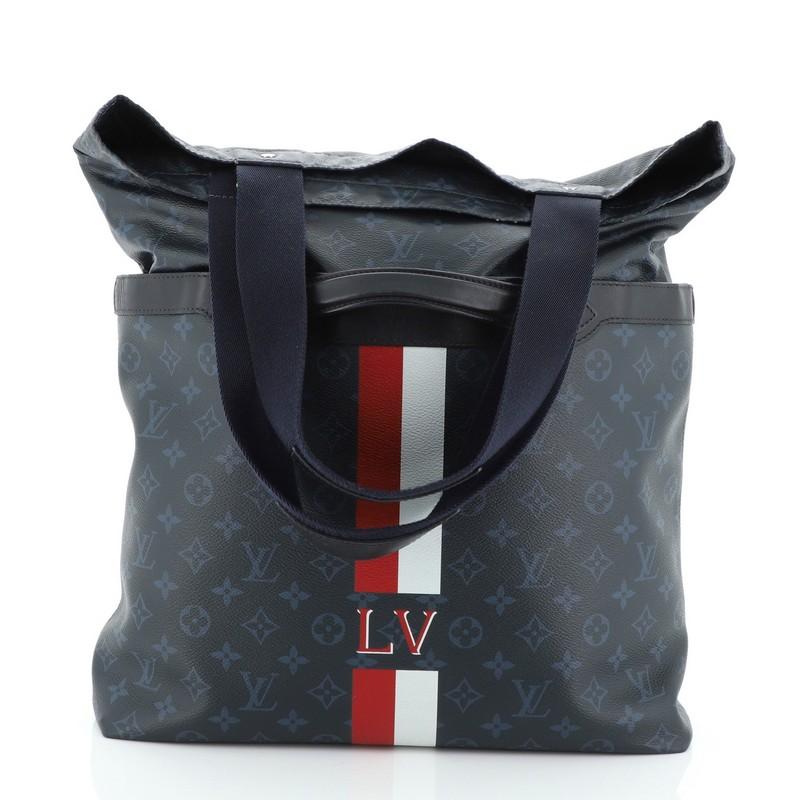 This Louis Vuitton Ultralight Tote Monogram Cobalt Canvas, crafted from monogram cobalt coated canvas, features short top handles, dual nylon shoulder straps, white and red stripe with 