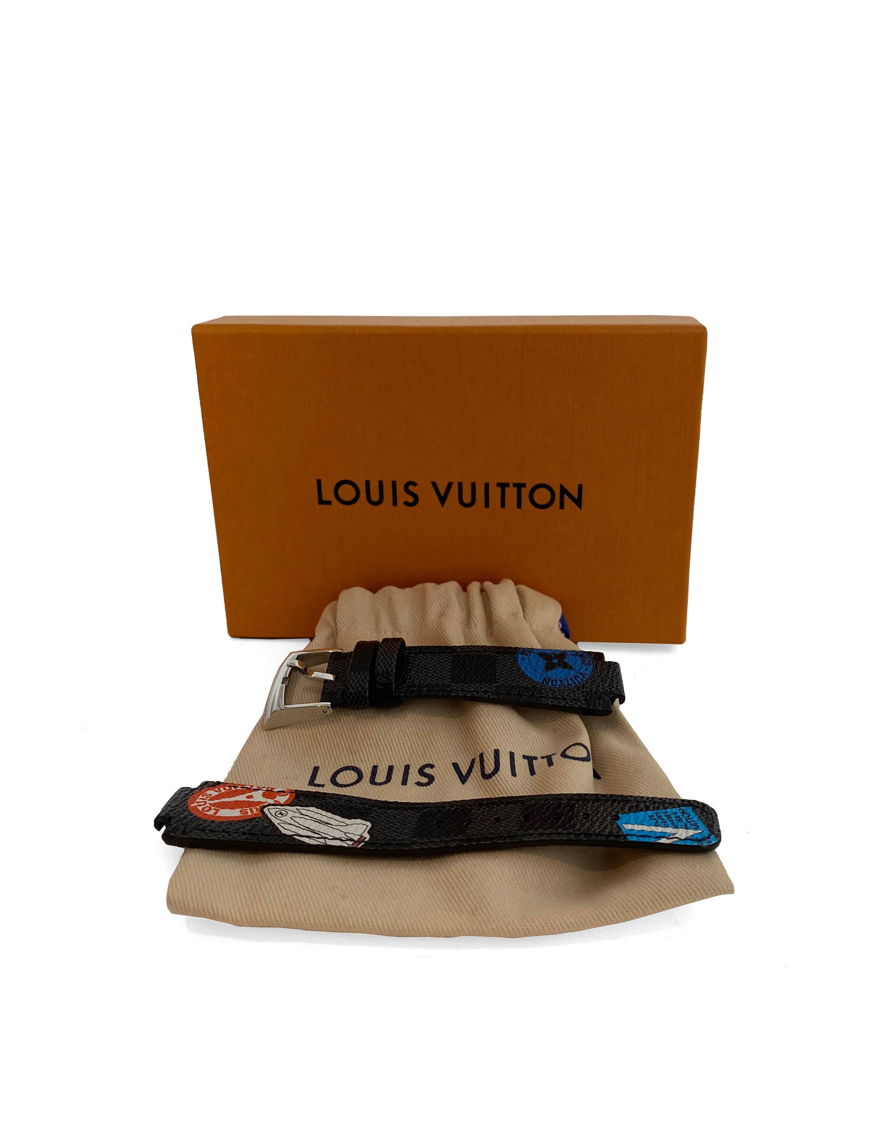 Louis Vuitton Damier Graphite World Tour Watch Strap.  Watch strap for LV Tambour 39 watch.

Made In: France
Color: Black, red, blue, white
Materials: Coated canvas and leather
Model Name: Compatible with Tambour 39 watch
Retail Price: $405 plus