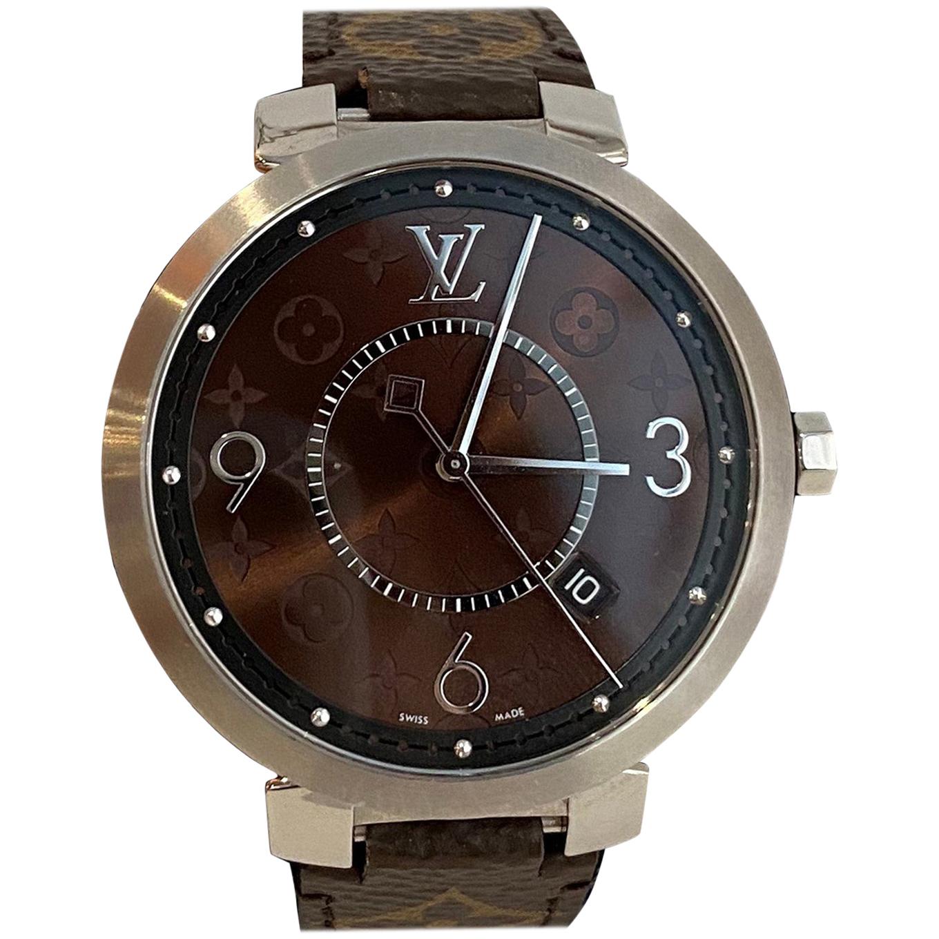 Louis Vuitton Unisex Tambour Slim Monogram Macassar 39 Watch