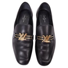LOUIS VUITTON Upper Case flat black lambskin gold LV bar flat loafers EU36.5