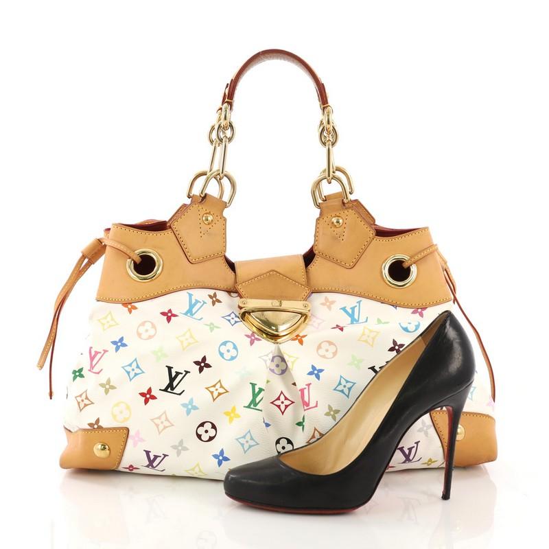 This Louis Vuitton Ursula Handbag Monogram Multicolor, crafted in white monogram multicolor coated canvas, features chain handles with leather pads, side drawstring closures, and gold-tone hardware. Its push-lock closure opens to a purple microfiber