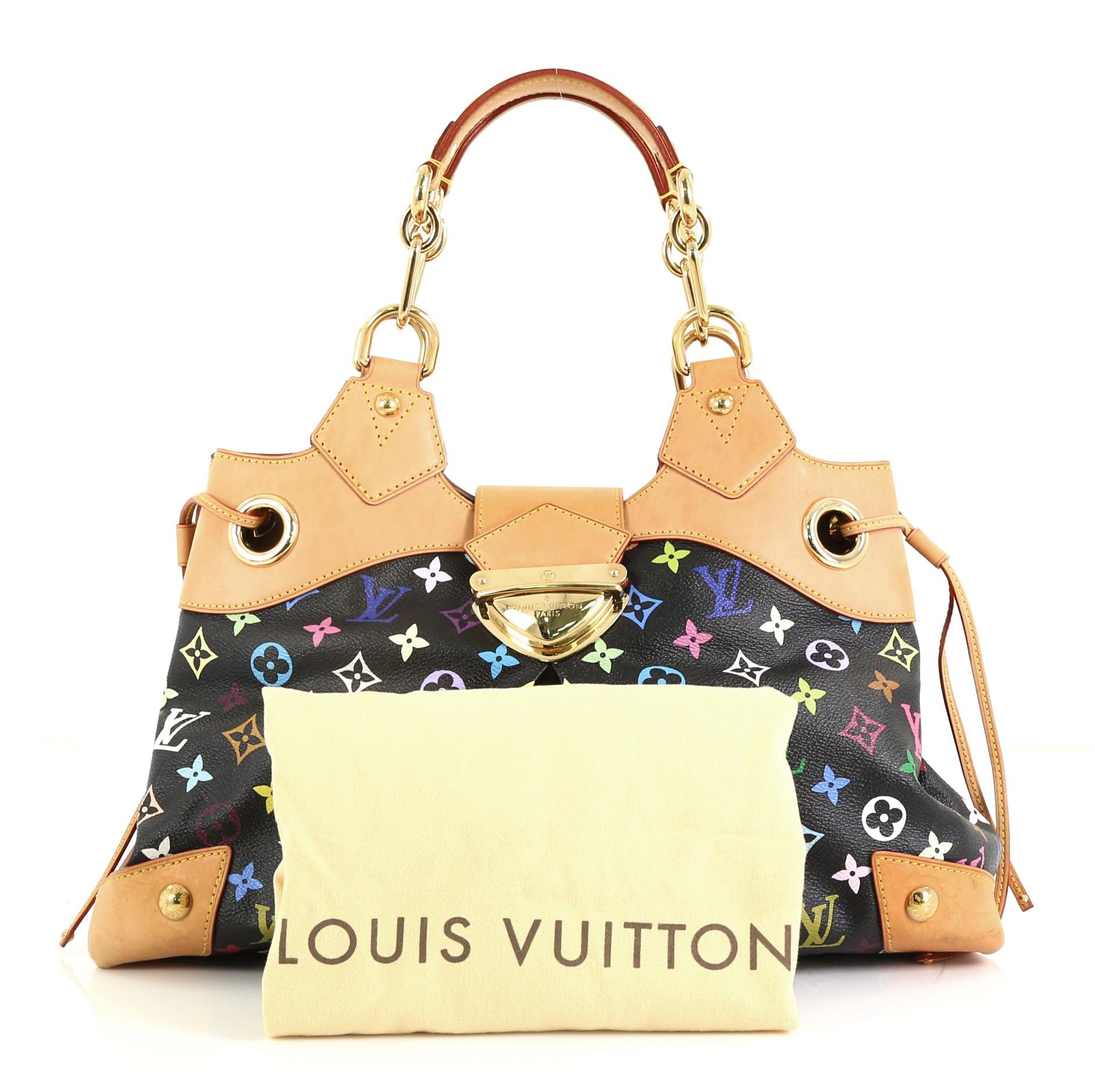 This Louis Vuitton Ursula Handbag Monogram Multicolor, crafted in black monogram multicolor monogram coated canvas, features chain handles with leather pads, side drawstring closures, and gold-tone hardware. Its push-lock closure opens to a neutral