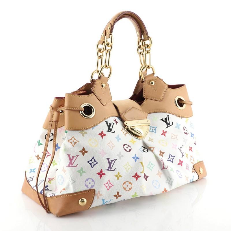 This Louis Vuitton Ursula Handbag Monogram Multicolor, crafted in white monogram multicolor coated canvas, features chain handles with leather pads, side drawstring closures, and gold-tone hardware. Its push-lock closure opens to a red microfiber