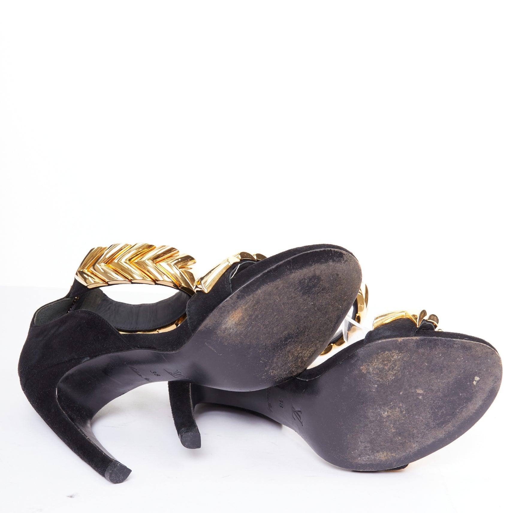 LOUIS VUITTON V Symphony schwarzes Wildleder goldene Hardware High Heel Sandalen EU38 im Angebot 6