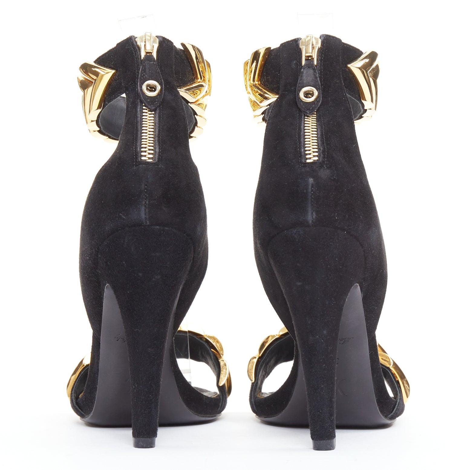 LOUIS VUITTON V Symphony schwarzes Wildleder goldene Hardware High Heel Sandalen EU38 Damen im Angebot