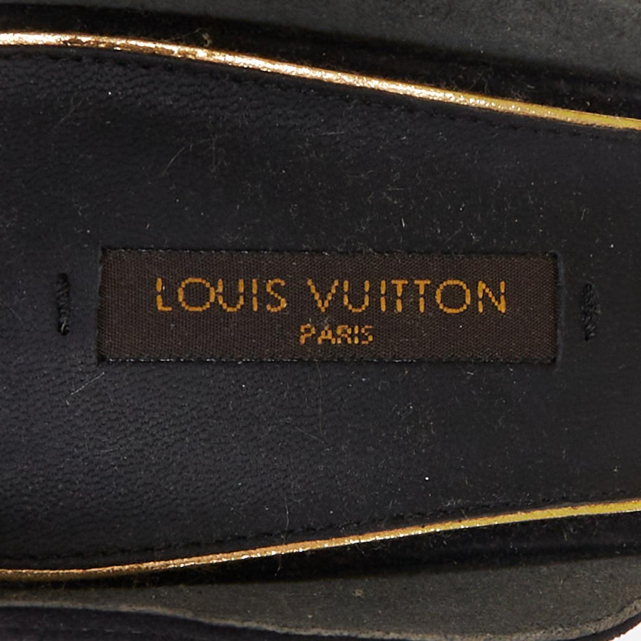 LOUIS VUITTON V Symphony schwarzes Wildleder goldene Hardware High Heel Sandalen EU38 im Angebot 4