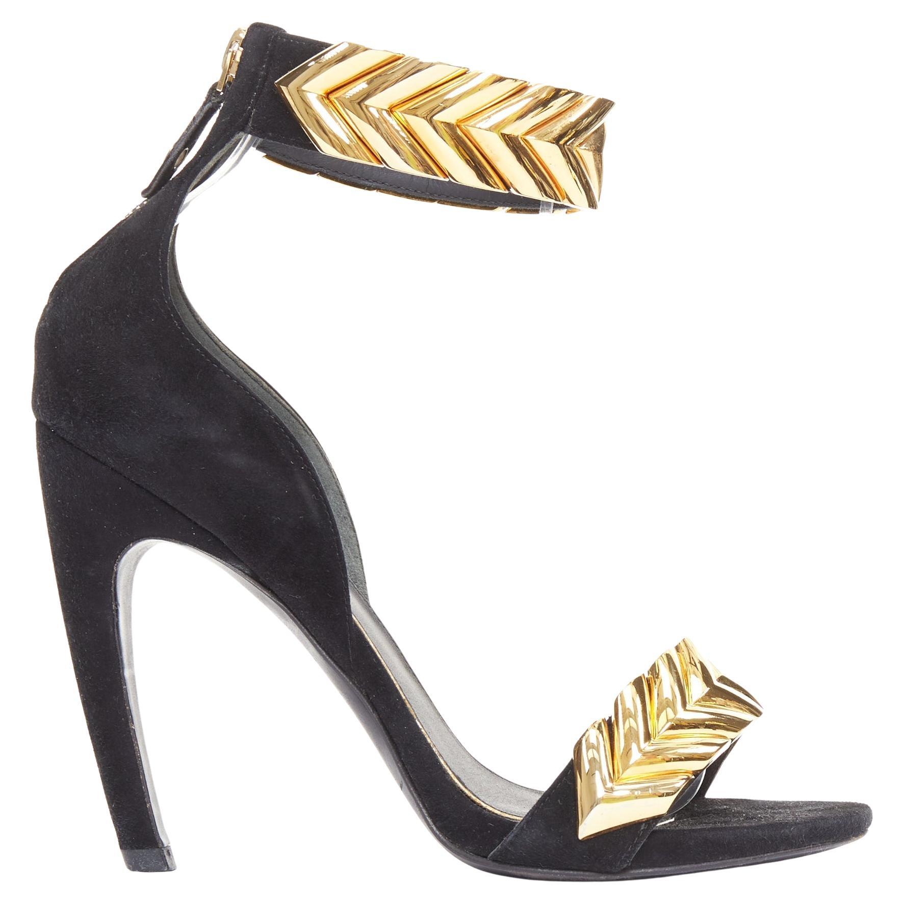 LOUIS VUITTON V Symphony black suede gold hardware high heel sandals EU38