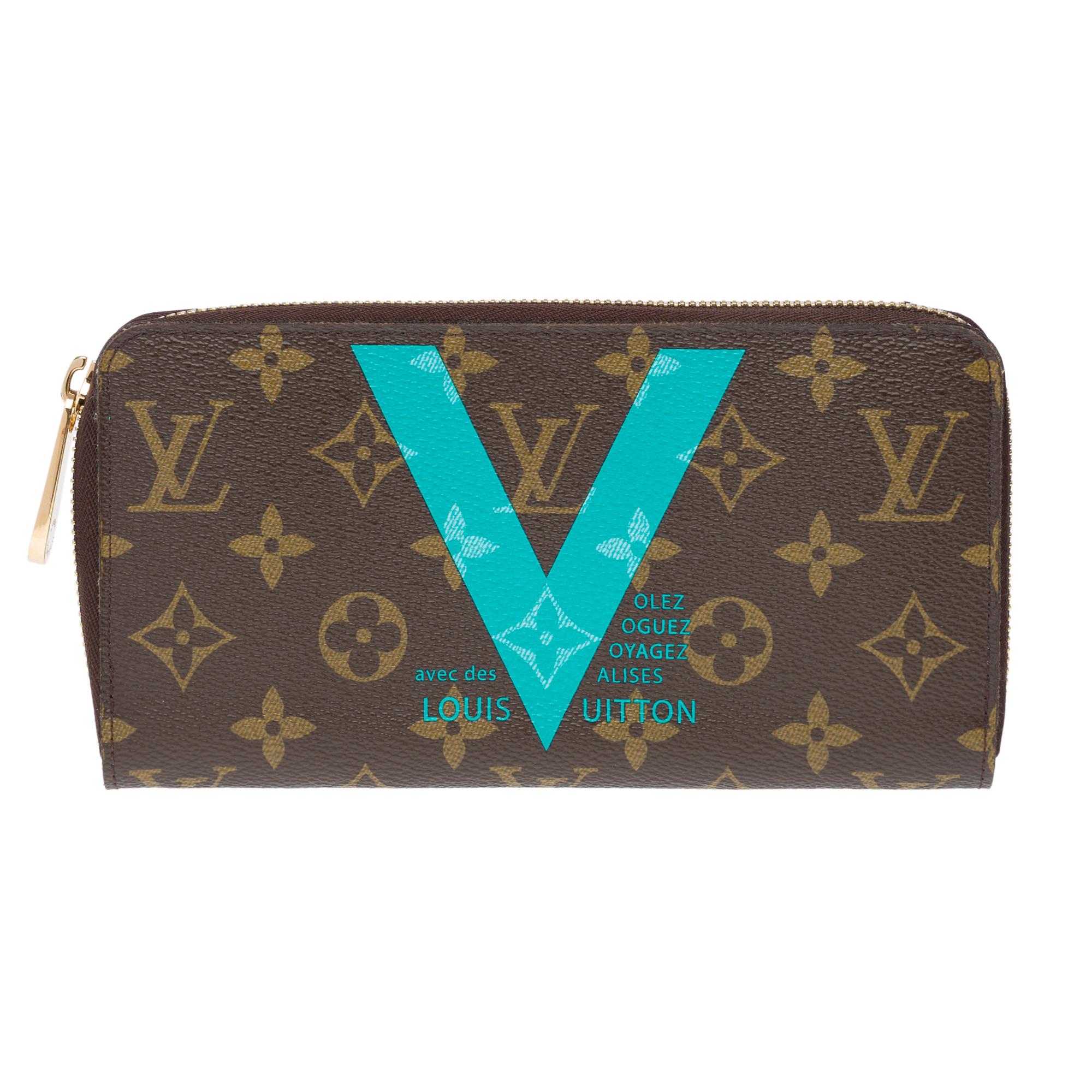 Brown Louis Vuitton V Wallet in brown and Turquoise canvas Zippy Wallet, GHW For Sale