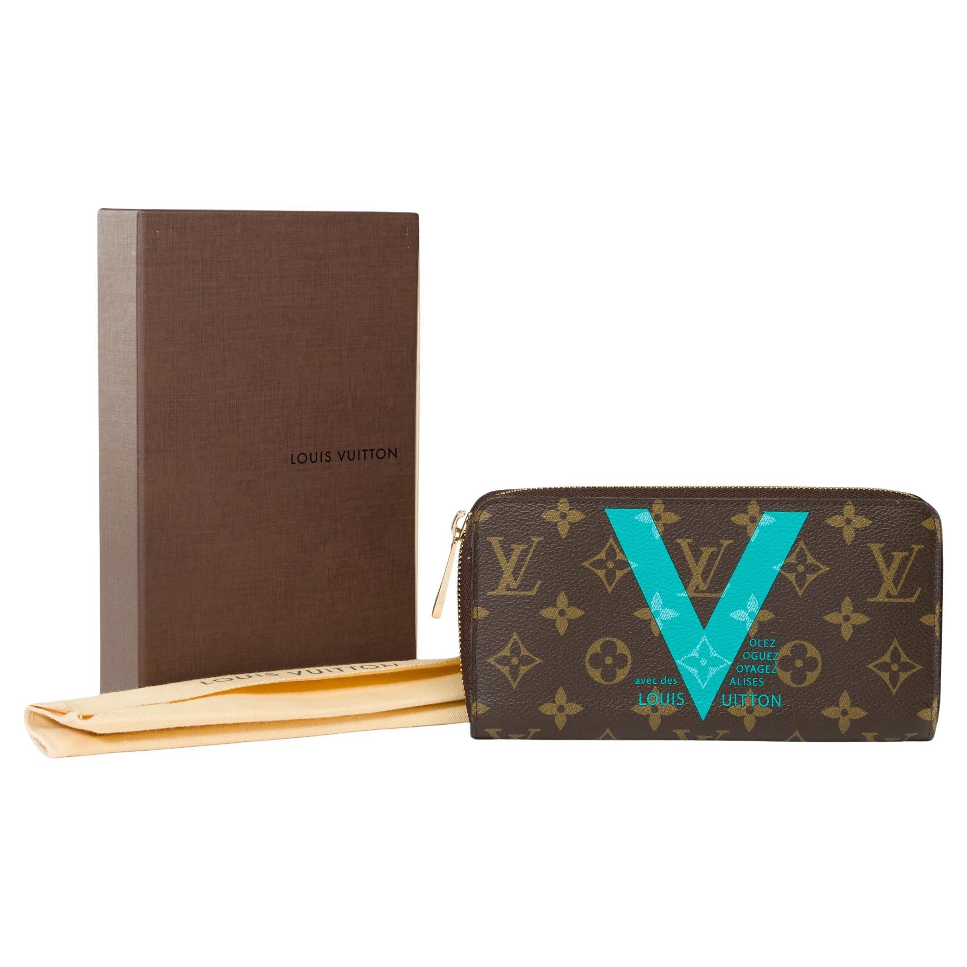 Louis Vuitton V Wallet in brown and Turquoise canvas Zippy Wallet, GHW For Sale