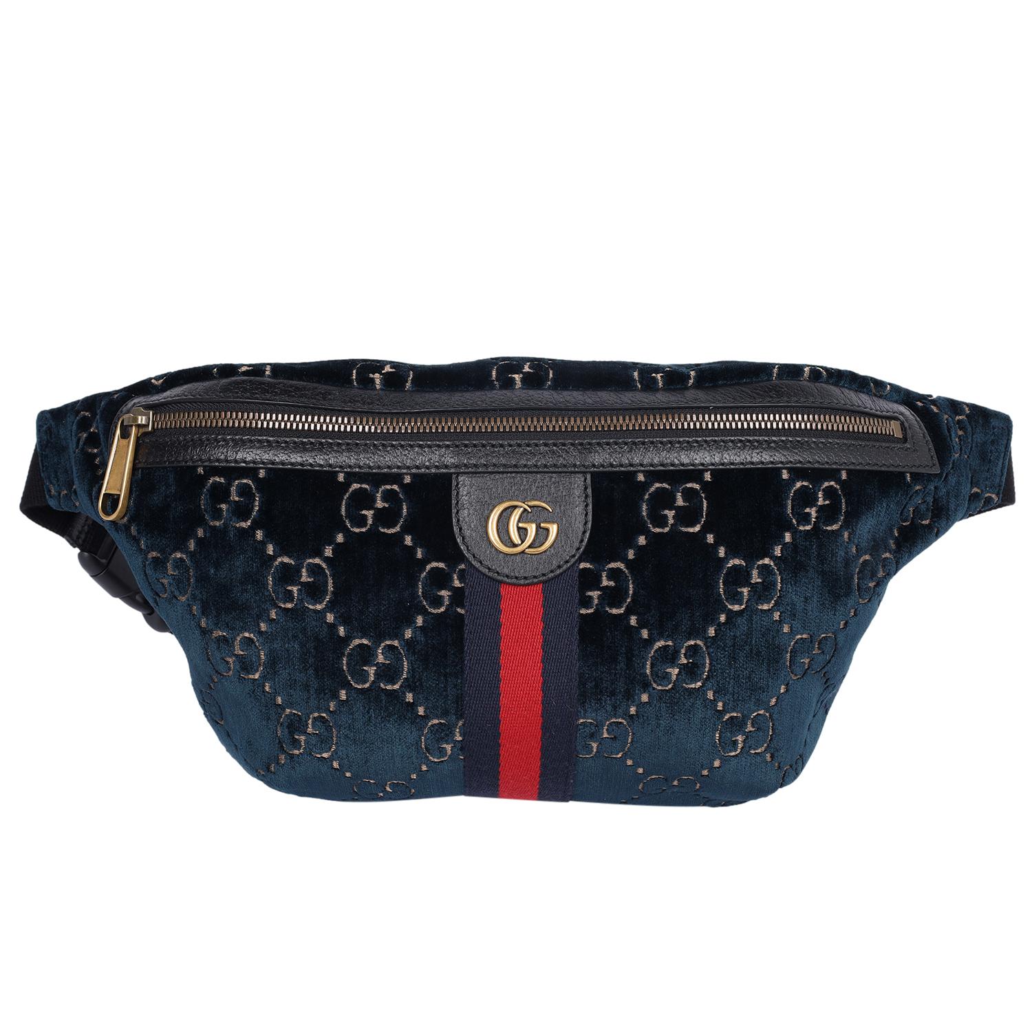 Gucci Velvet GG Monogram Web Belt Bag Blue Beige für Damen oder Herren im Angebot