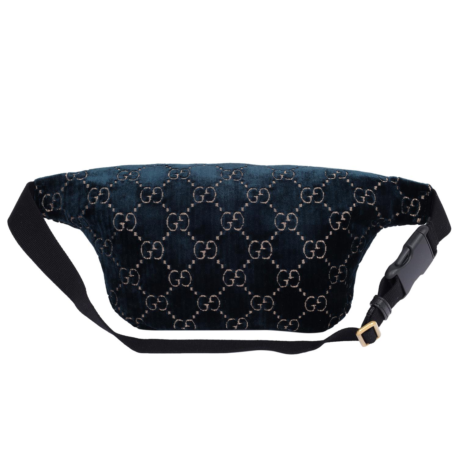 Gucci Velvet GG Monogram Web Belt Bag Blue Beige en vente 1