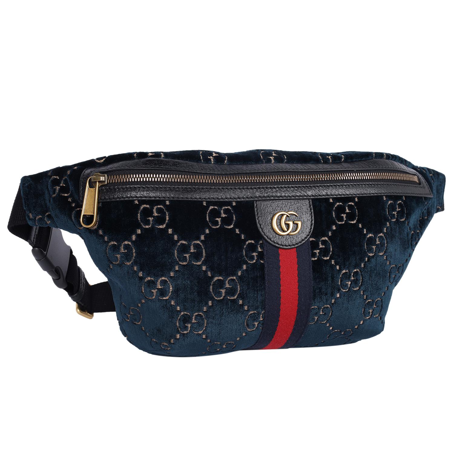 Gucci Velvet GG Monogram Web Belt Bag Blue Beige en vente 2