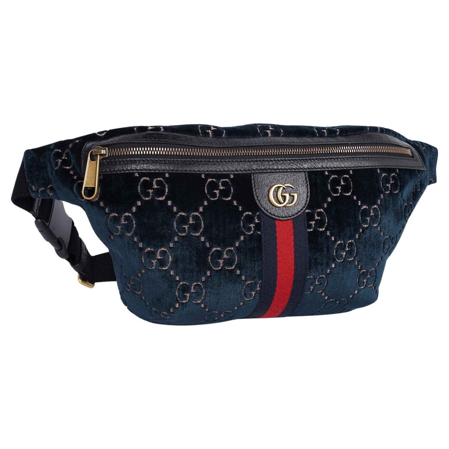 Gucci Velvet GG Monogram Web Belt Bag Blue Beige