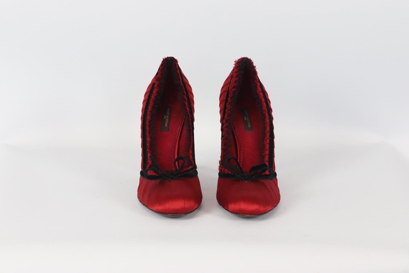Louis Vuitton velvet trimmed ruched satin pumps. Red and black. Slips on. Does not come with dustbag or box. Size: EU 38 (UK 5, US 8) Insole: 9.5 in. Heel height: 3 in. Very good condition - Light wear to soles and upper material; see pictures