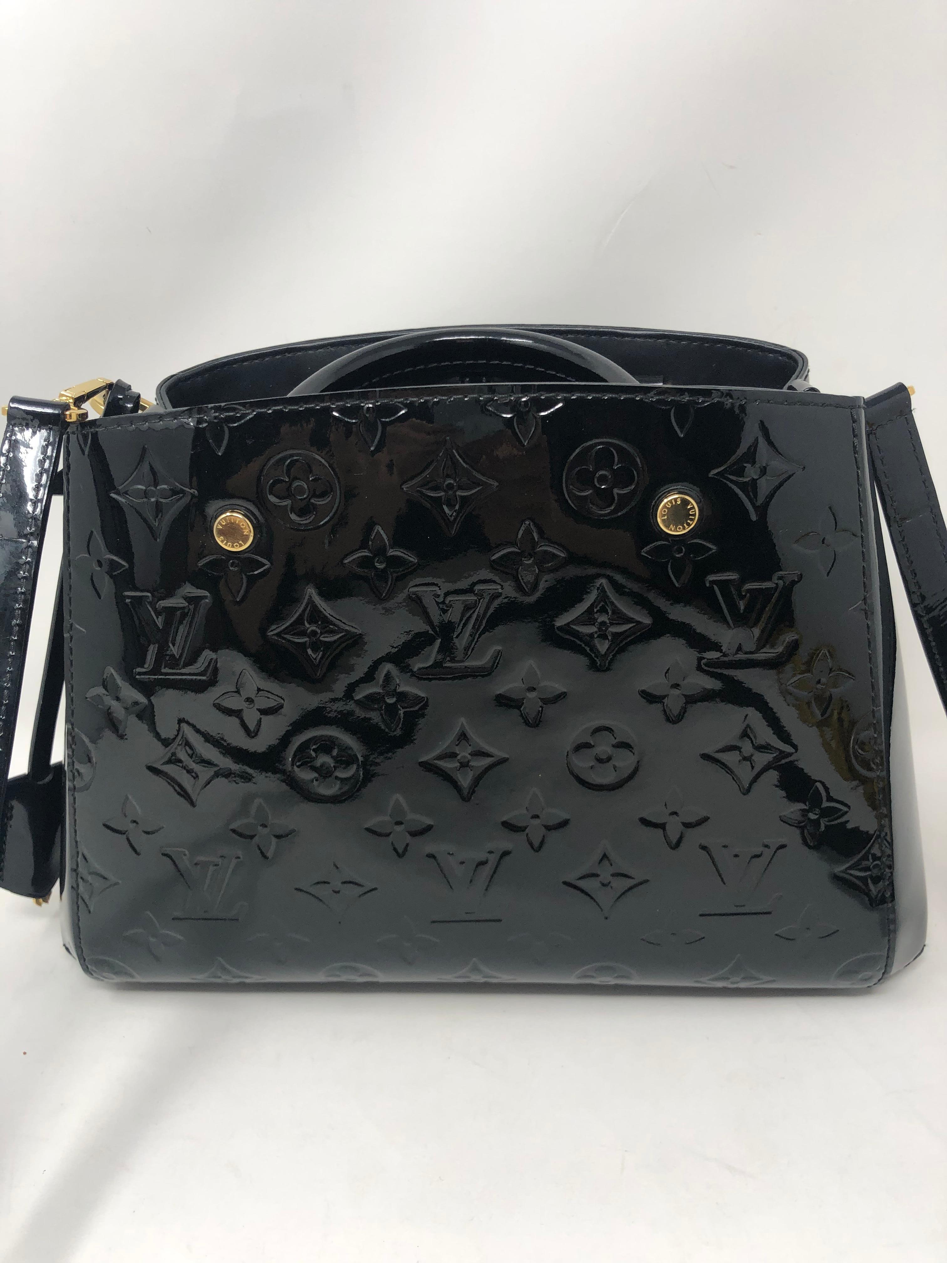 Louis Vuitton Vernis Black Montaigne BB Bag. Can be worn as a crossbody. 2 way bag. All leather in excellent condition. Guaranteed authentic. 