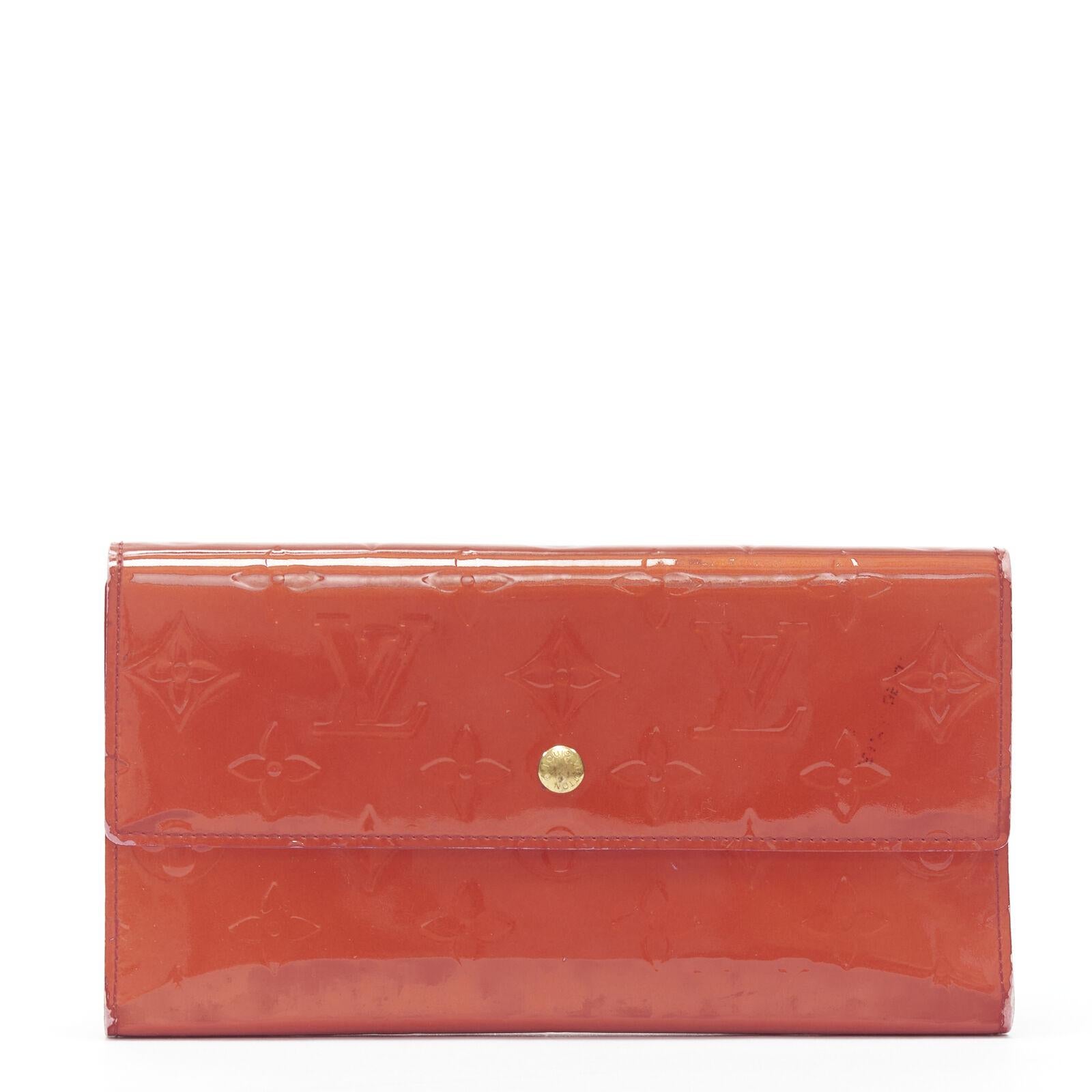 LOUIS VUITTON Vernis red patent LV logo emboss flap continental wallet 5