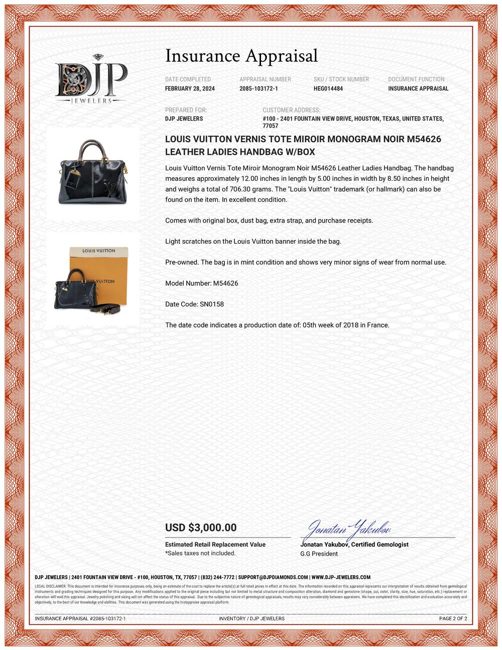Louis Vuitton Vernis Tote Miroir Monogram Noir M54626 Leather Ladies Handbag For Sale 16