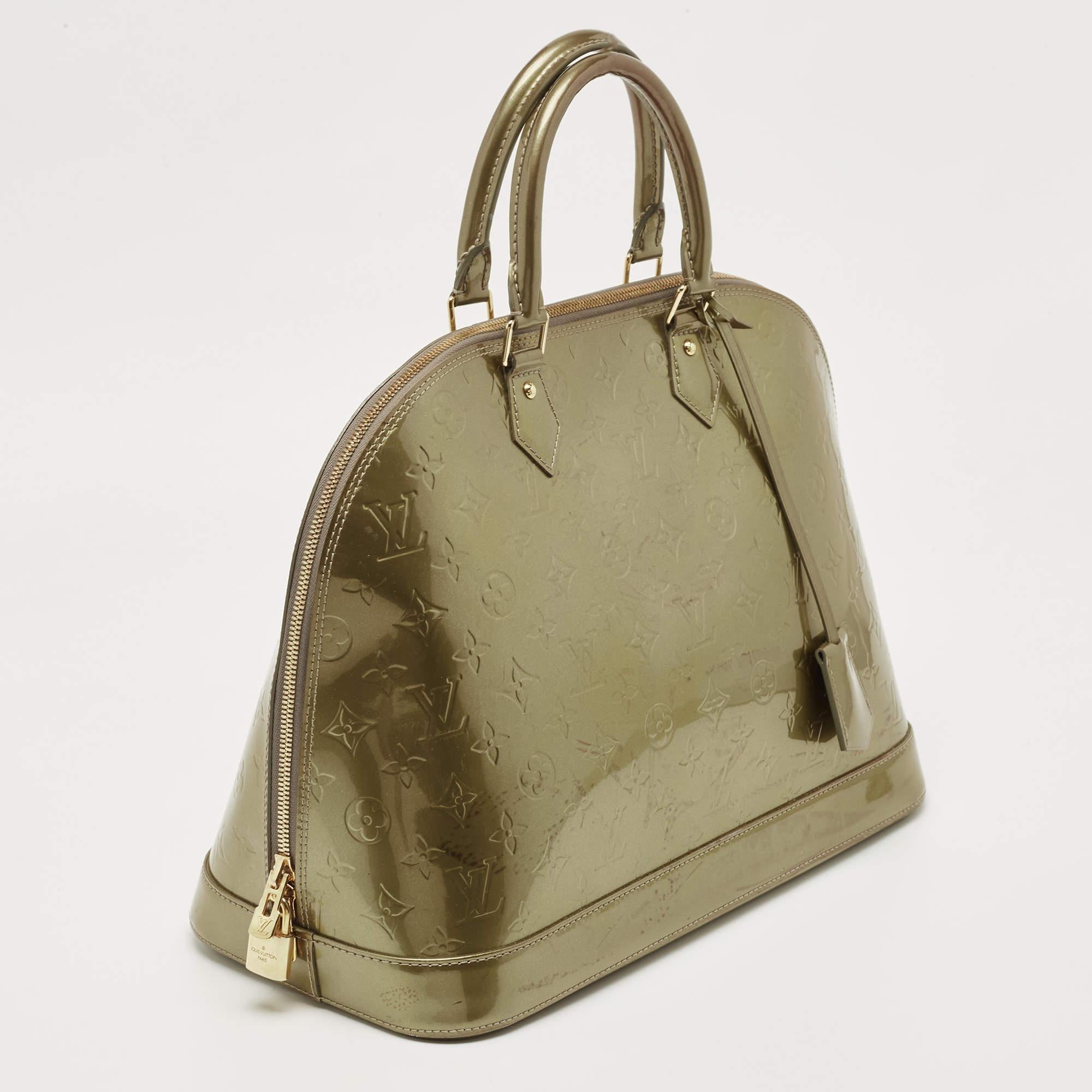 Brown Louis Vuitton Vert Olive Monogram Vernis Leather Alma GM Bag For Sale