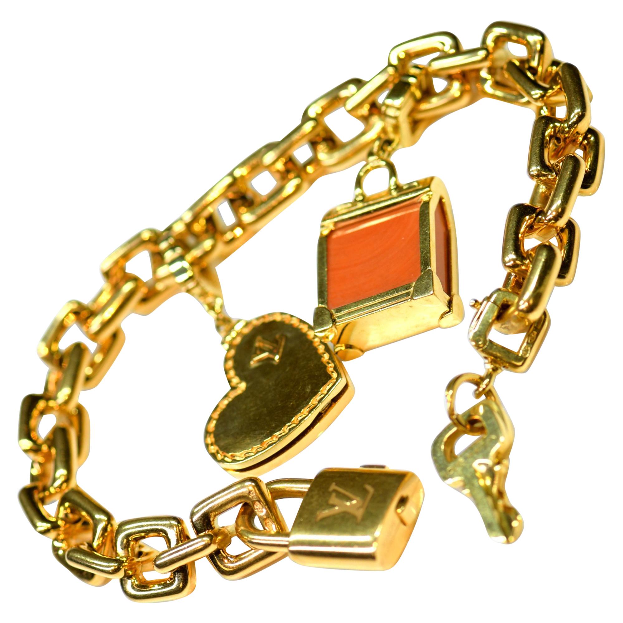 Louis Vuitton 18K Gold Luggage Padlock Charm Chain Bracelet