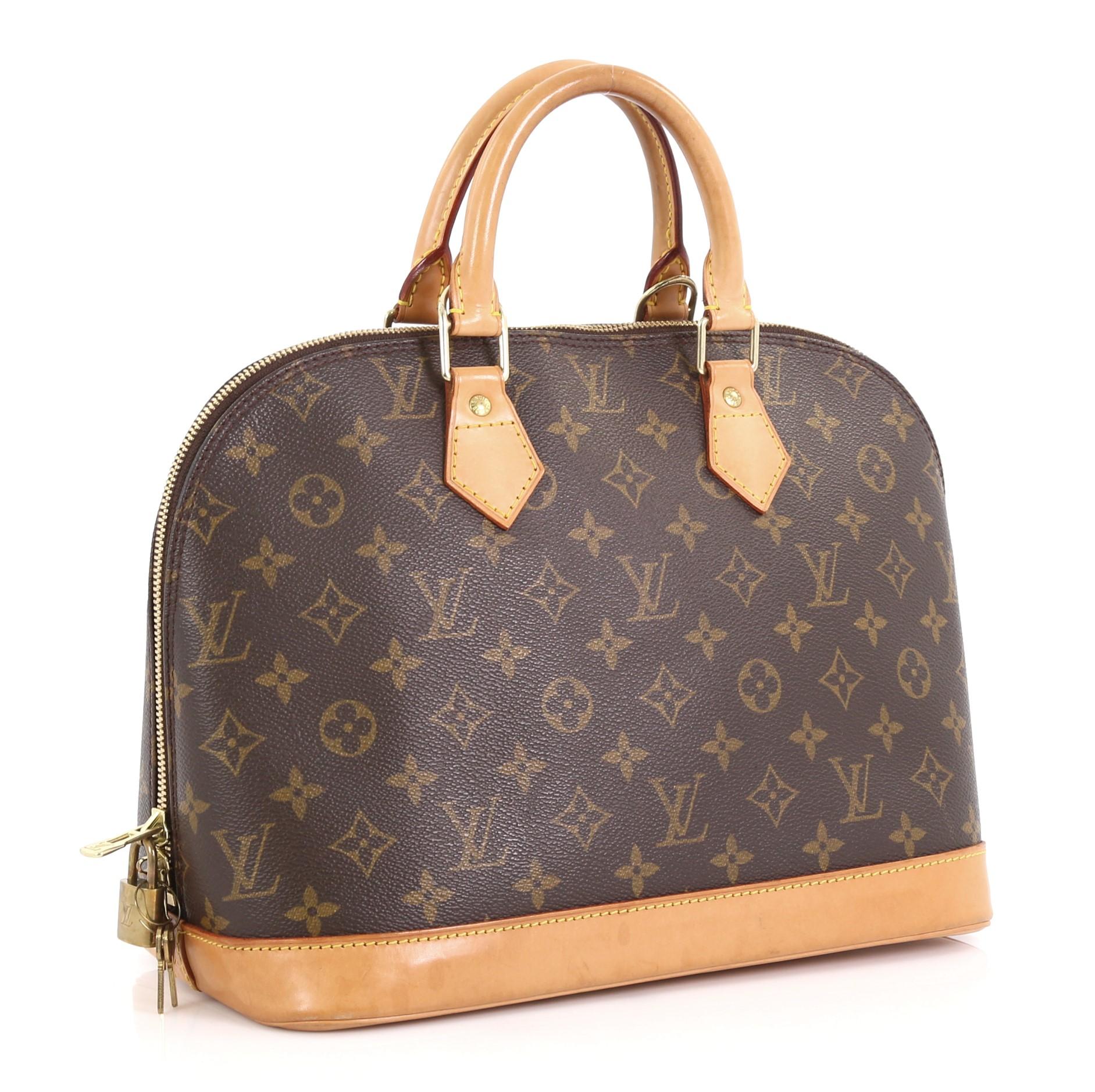 This Louis Vuitton Vintage Alma Handbag Monogram Canvas PM, crafted from brown monogram coated canvas, features dual rolled handles, leather trim, and gold-tone hardware. Its two-way zip closure opens to a brown fabric interior with slip pockets.