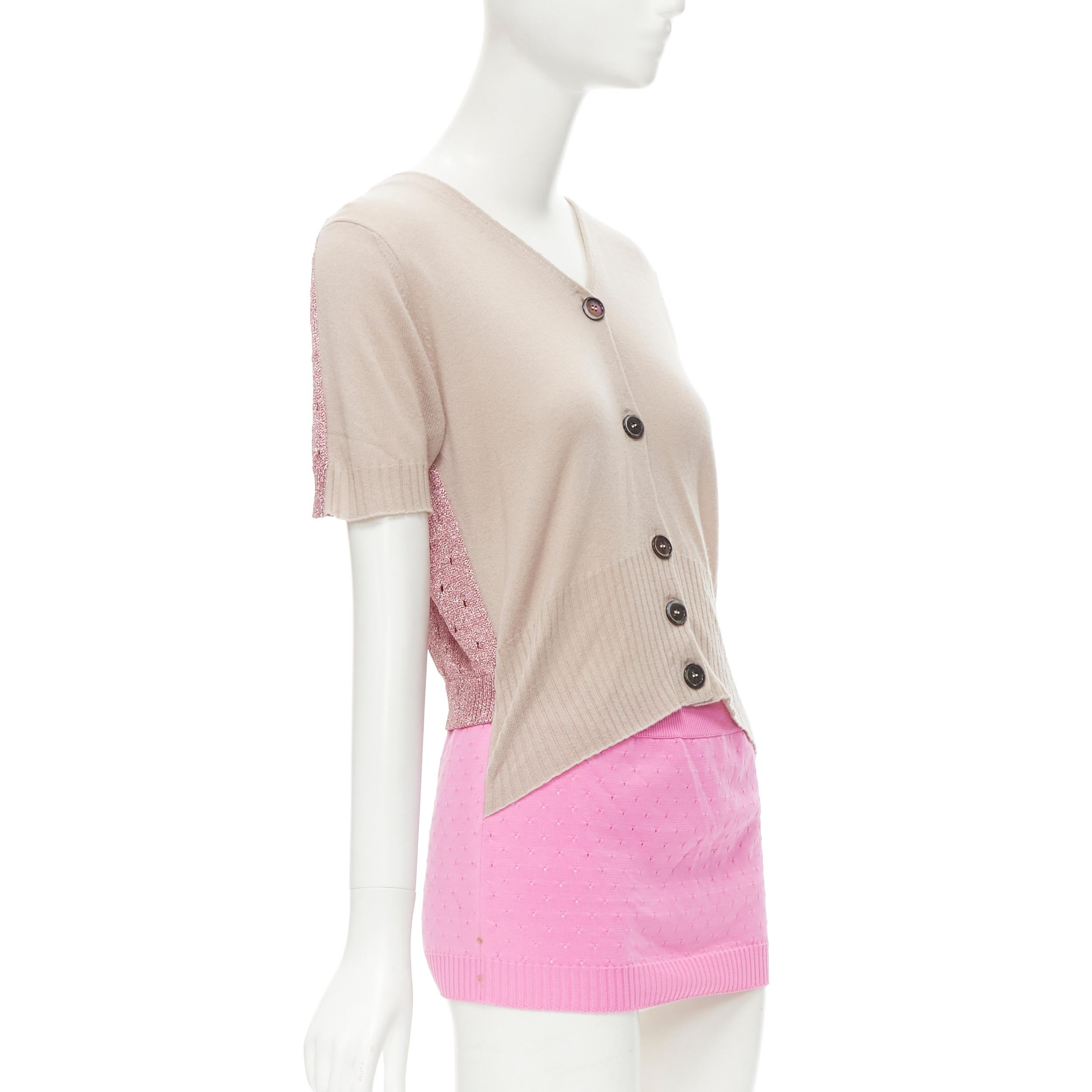 LOUIS VUITTON Vintage beige cashmere blend pink lurex layered cardigan L 
Reference: JYLM/A00009 
Brand: Louis Vuitton 
Material: Polyamide 
Color: Taupe 
Pattern: Solid 
Extra Detail: Knitted bandeau front. Open front short cardigan. Metallic pink