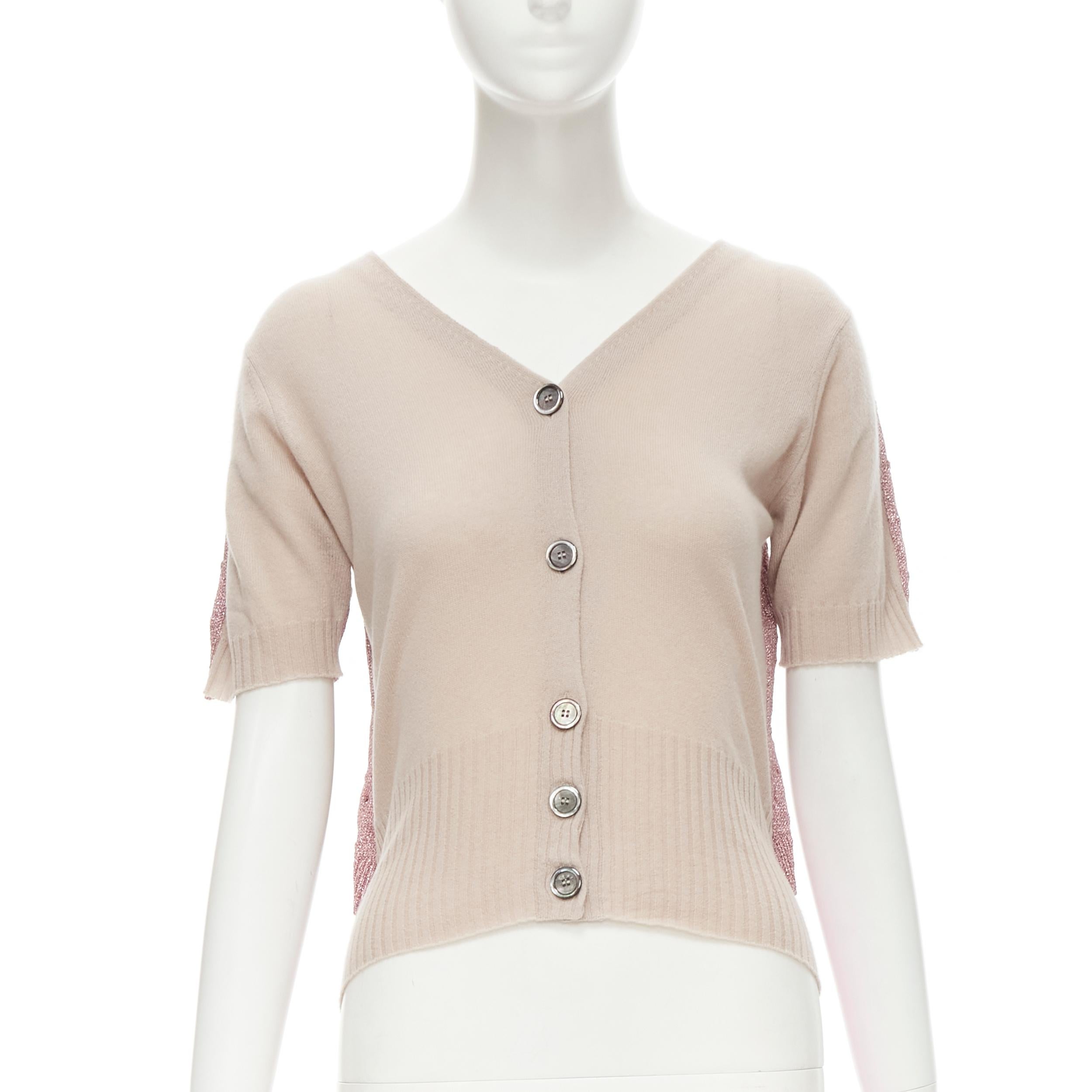 LOUIS VUITTON Vintage beige cashmere blend pink lurex layered cardigan L In Excellent Condition For Sale In Hong Kong, NT