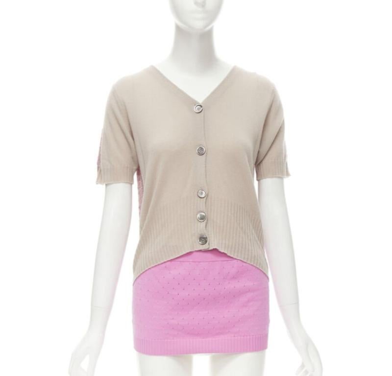 LOUIS VUITTON Vintage beige cashmere blend pink lurex layered cardigan L In Excellent Condition For Sale In Hong Kong, NT
