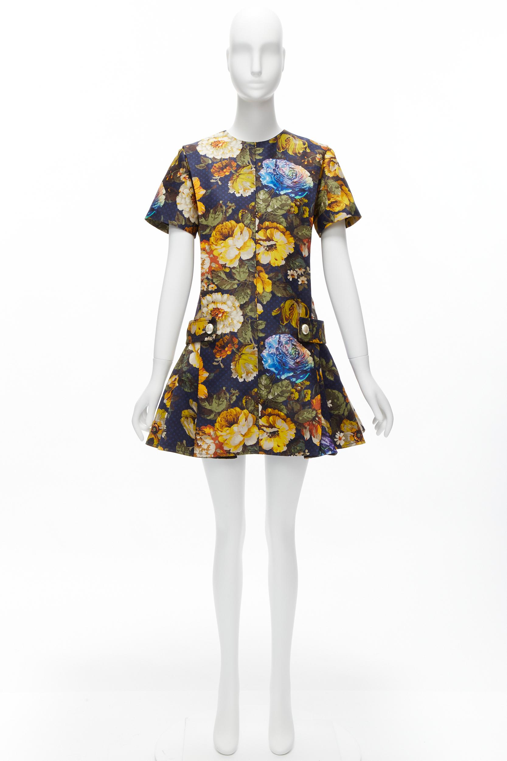 LOUIS VUITTON Vintage Flowers LV monogram wool pearl button flared dress FR34 XS For Sale 5