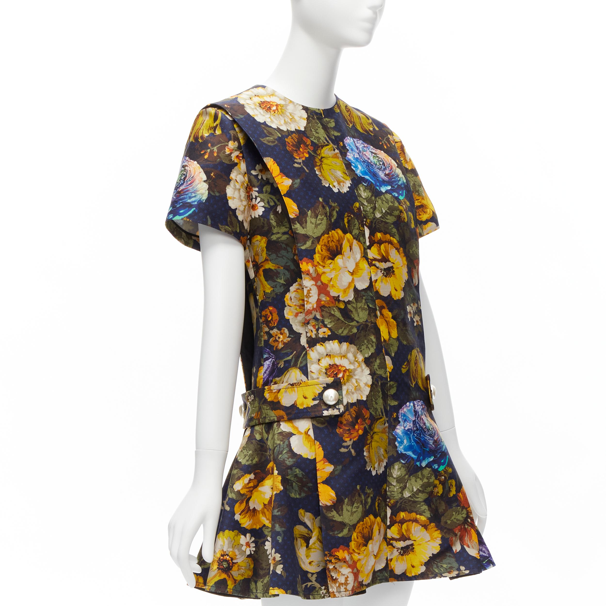 Beige LOUIS VUITTON Vintage Flowers LV monogram wool pearl button flared dress FR34 XS For Sale