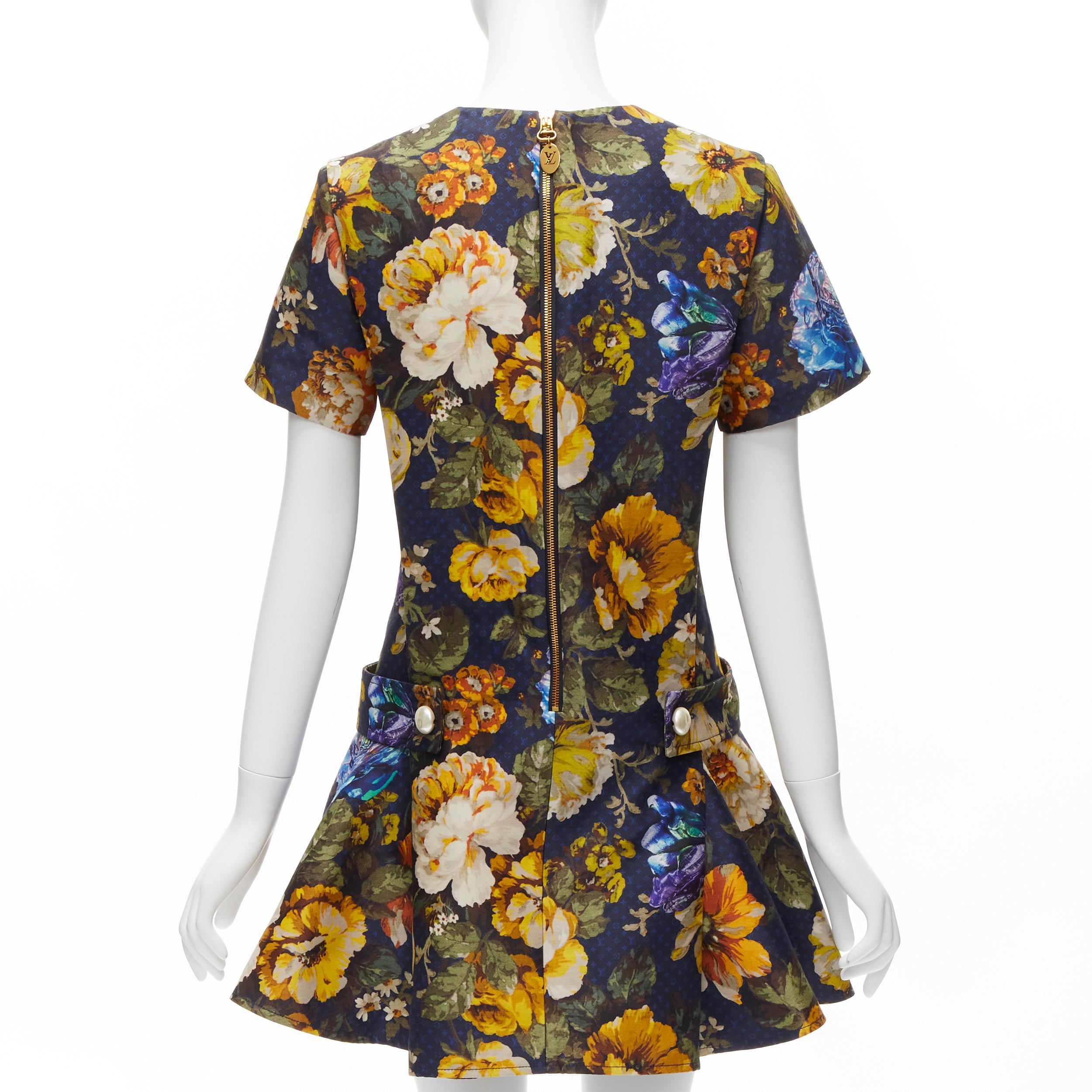 Women's LOUIS VUITTON Vintage Flowers LV monogram wool pearl button flared dress FR34 XS For Sale