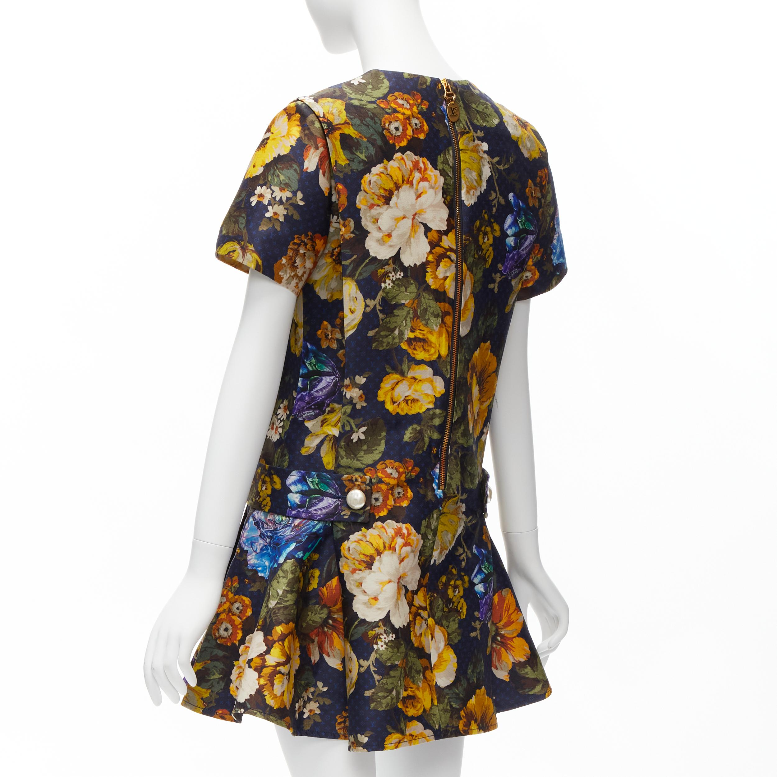 LOUIS VUITTON Vintage Blumen-Blumenkleid aus Wolle und Seide mit Monogramm und Perlenknöpfen FR34  im Angebot 1