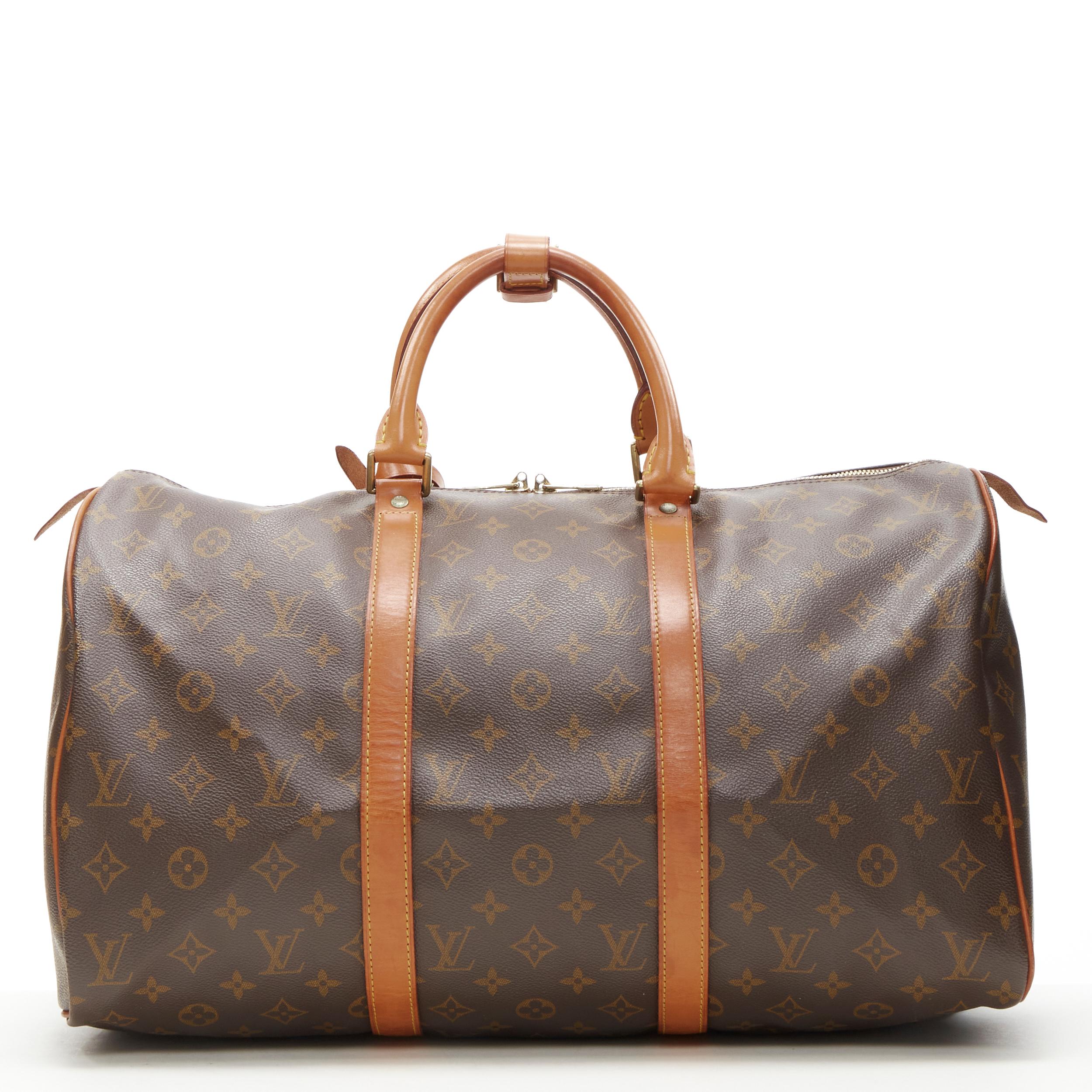 LOUIS VUITTON Vintage Keepall 45 brown monogram canvas leather trim carryall bag In Good Condition In Hong Kong, NT