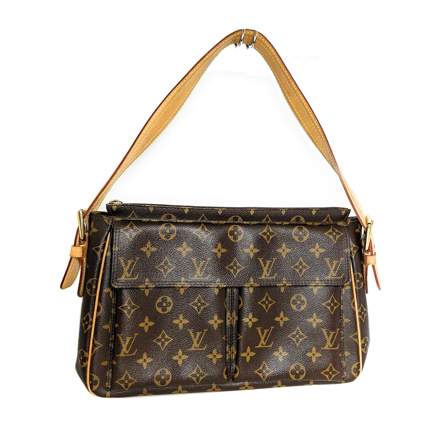 This chic shoulder bag is finely crafted of traditional Louis Vuitton monogram on coated canvas. The bag features two external flap pockets, vachetta cowhide leather trim, and a matching, adjustable shoulder strap, with polished brass hardware. The