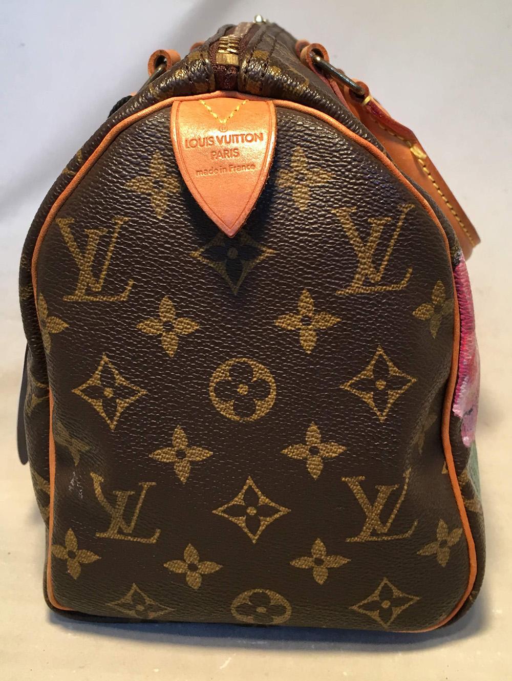 Louis Vuitton Vintage Monogram Customized Hand Painted Pink Tulip Speedy 25 Handbag in excellent condition. Monogram canvas exterior trimmed with tan leather and brass hardware. Customized, hand painted pink tulips with green stems and leaves along