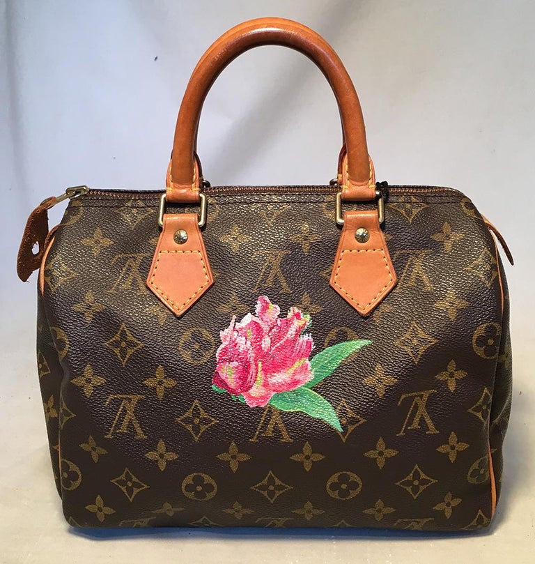 Hand Painted Louis Vuitton Monogram Flowers Vines Pink Blue One of a Kind