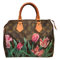 Louis Vuitton Vintage Monogramme Personnalisé Peint à la Main Rose Tulipe Speedy 25