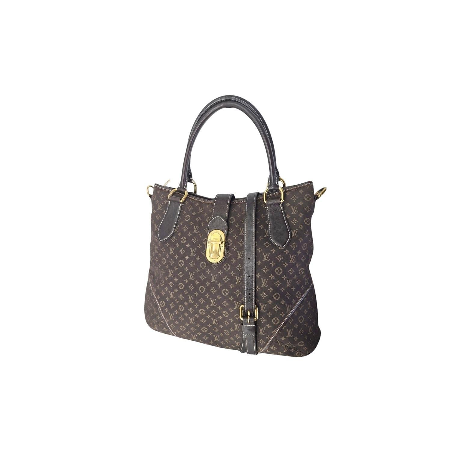 This Louis Vuitton Monogram Idylle Elegie has a classic look and is crafted of Louis Vuitton mini monogram canvas. The bag features rolled leather top handles with brass links and an optional shoulder strap with brass clasps and a cross over leather