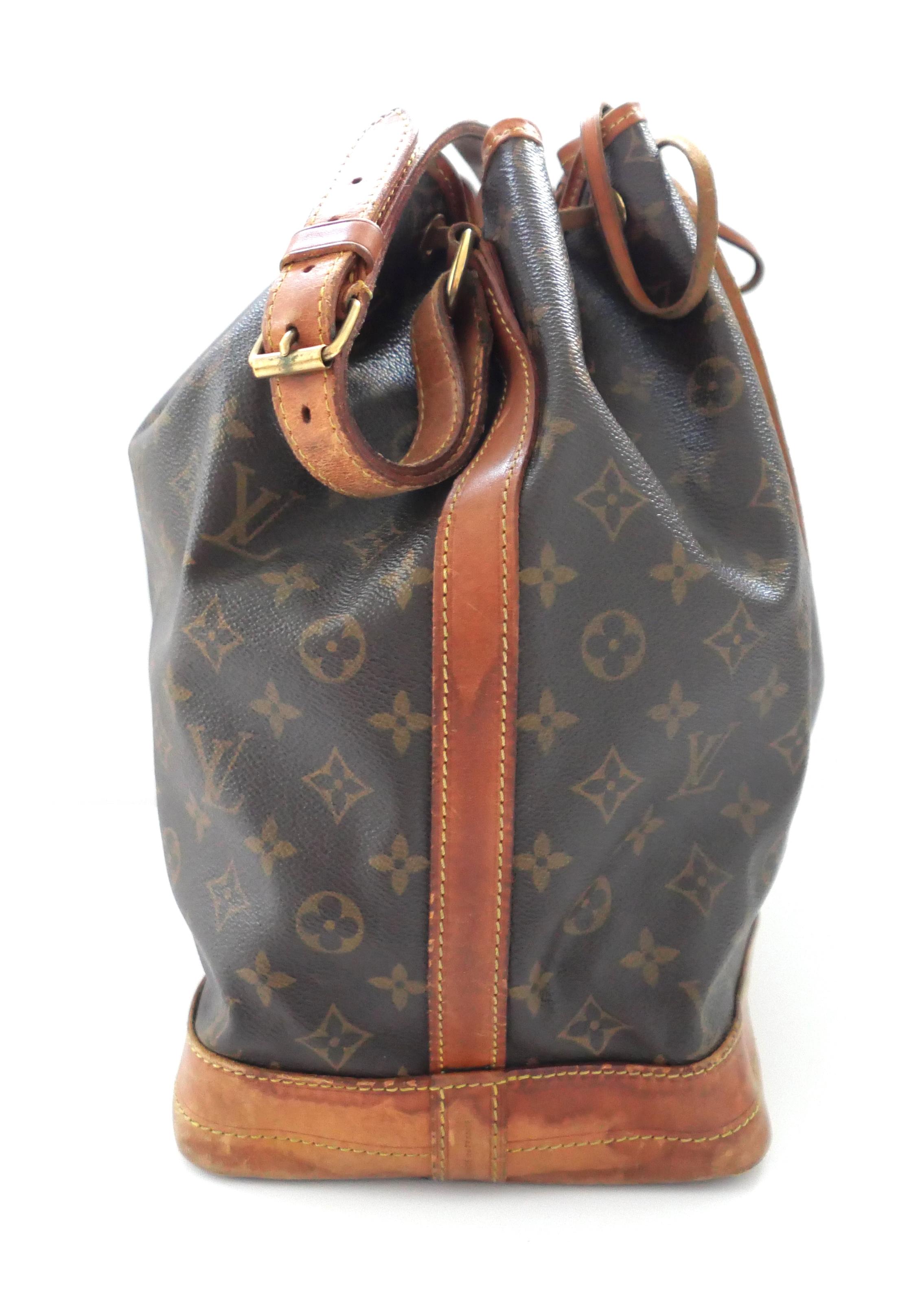 Classic vintage Louis Vuitton Monogram Noe drawstring tote bag. Shows a fair amount of wear so do look at all pictures carefully. In signature monogram canvas with Vachetta leather trims and godson hardware. Measures approx 10