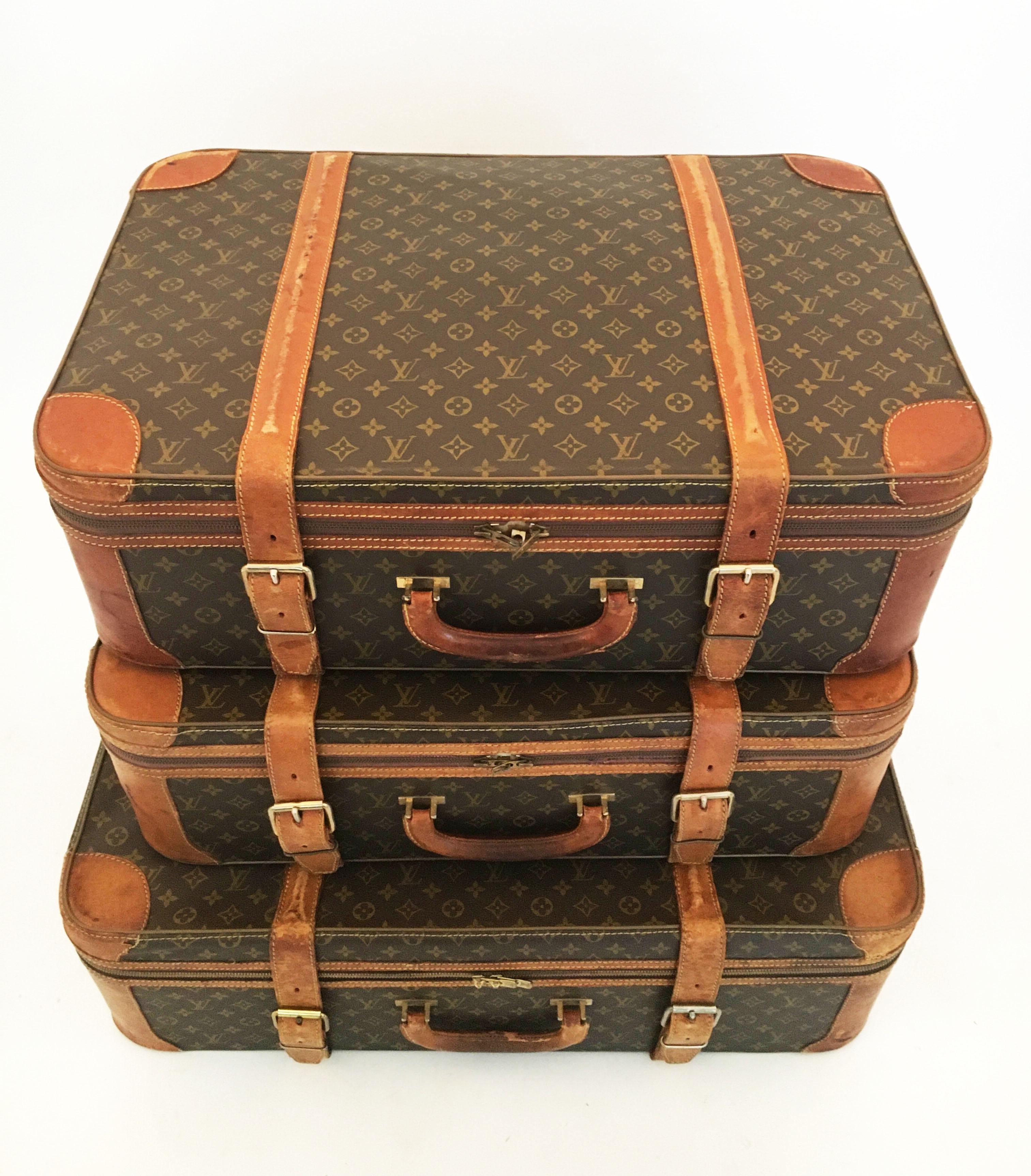 French Louis Vuitton Vintage Stratos Luggage Trunk Stack, Set of Three
