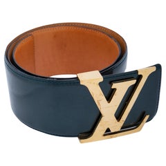 Louis Vuitton Vintage Vernis Green Logo Initials Gold Belt (Size 75/30)