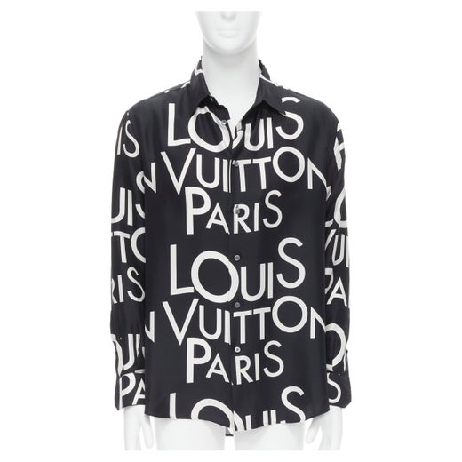LOUIS VUITTON VIRGIL ABLOH 100% silk navy white typography logo shirt L 