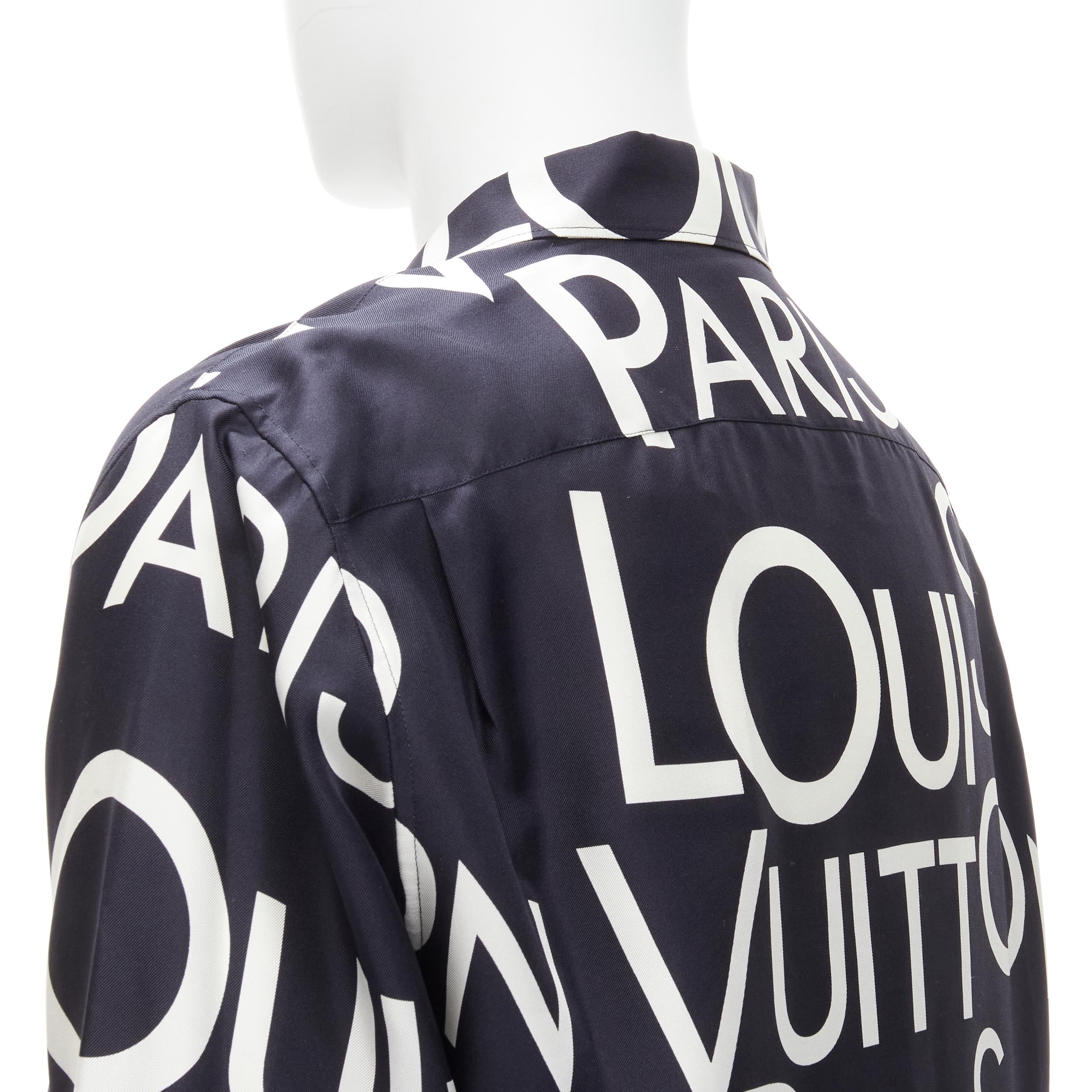 LOUIS VUITTON VIRGIL ABLOH 100% silk navy white typography logo shirt L For Sale 1