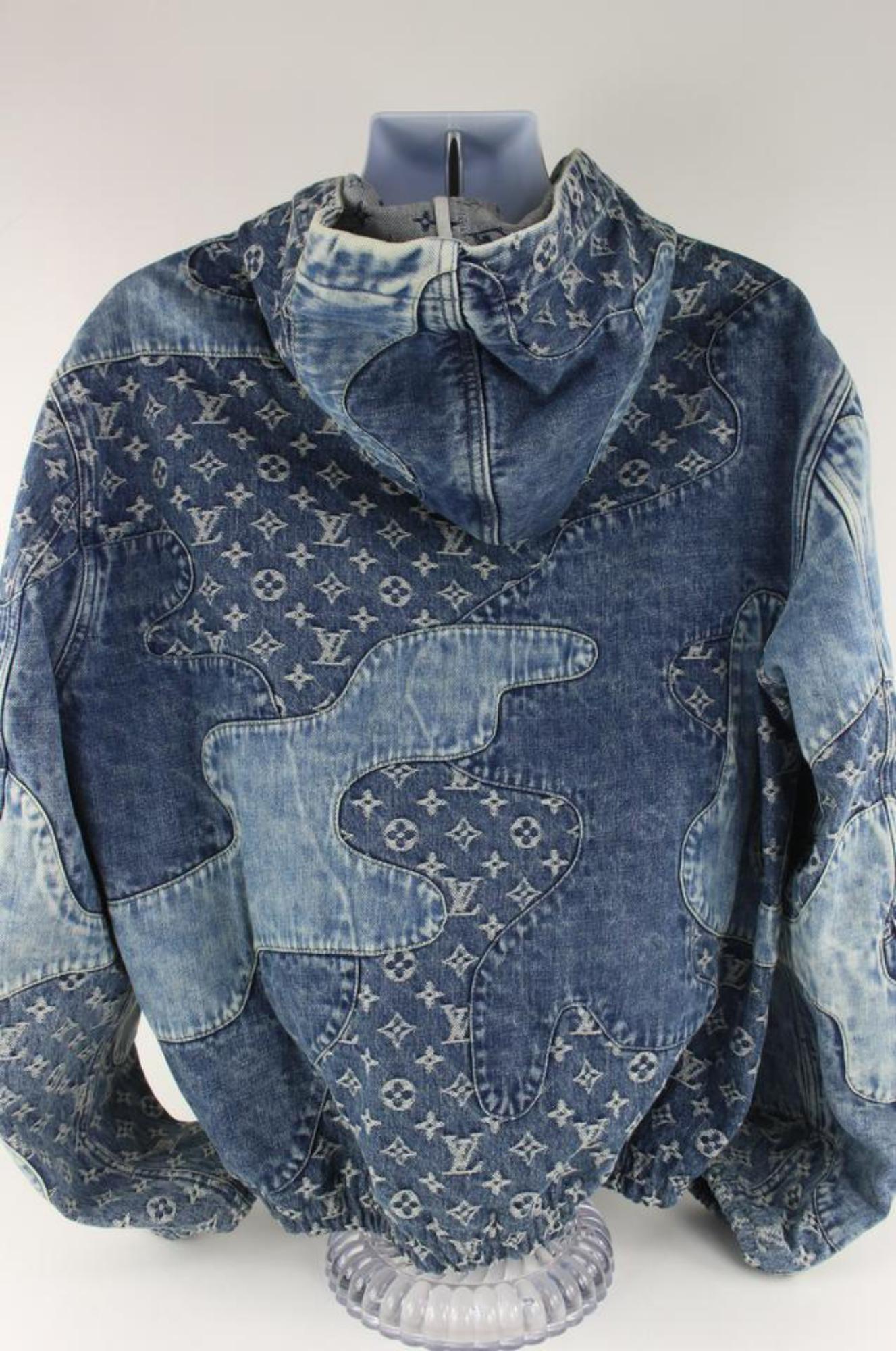 Louis Vuitton Virgil Abloh Mens 52 Monogram Patchwork Denim Hoodie Zip 127lv3 In New Condition In Dix hills, NY