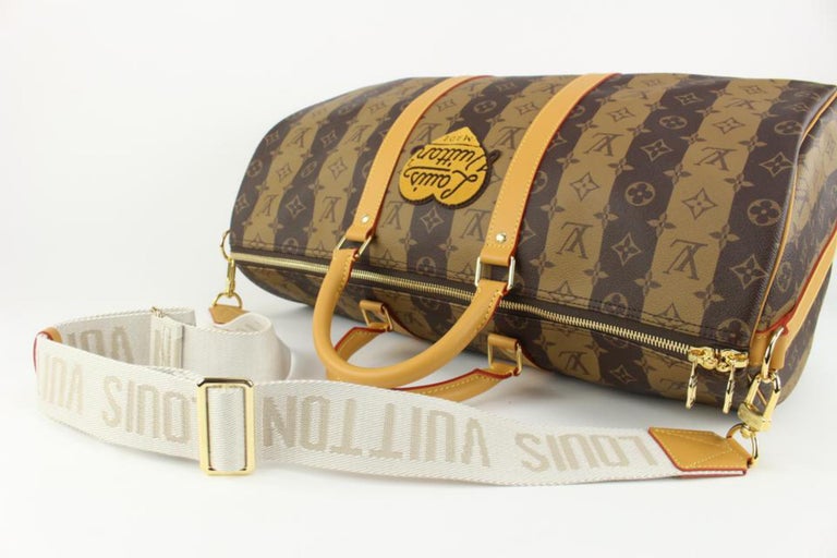 Louis Vuitton Virgil Abloh Nigo Brown Monogram Striped Coated Canvas Flap Double Phone Pouch Gold Hardware, 2021, Handbag