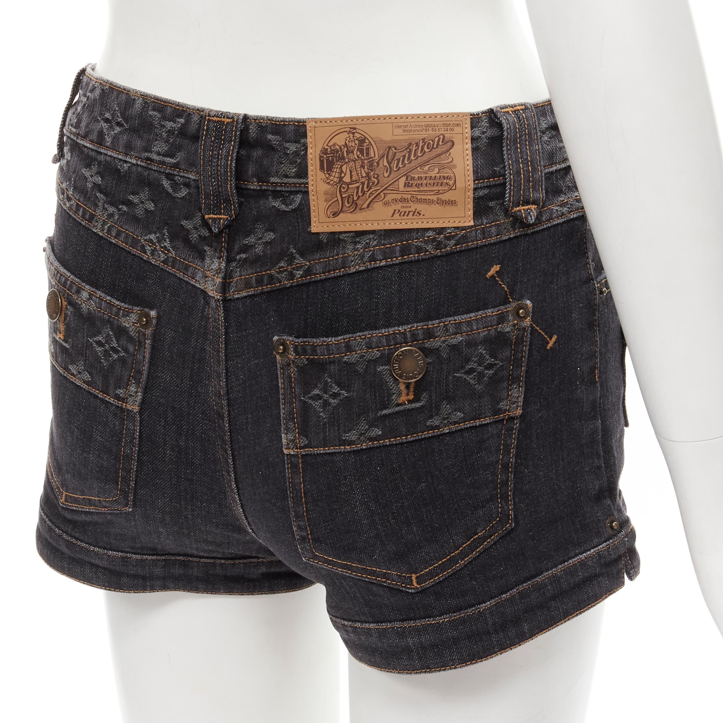 Women's LOUIS VUITTON washed grey denim LV monogram trim 5-pocket shorts FR36 XS