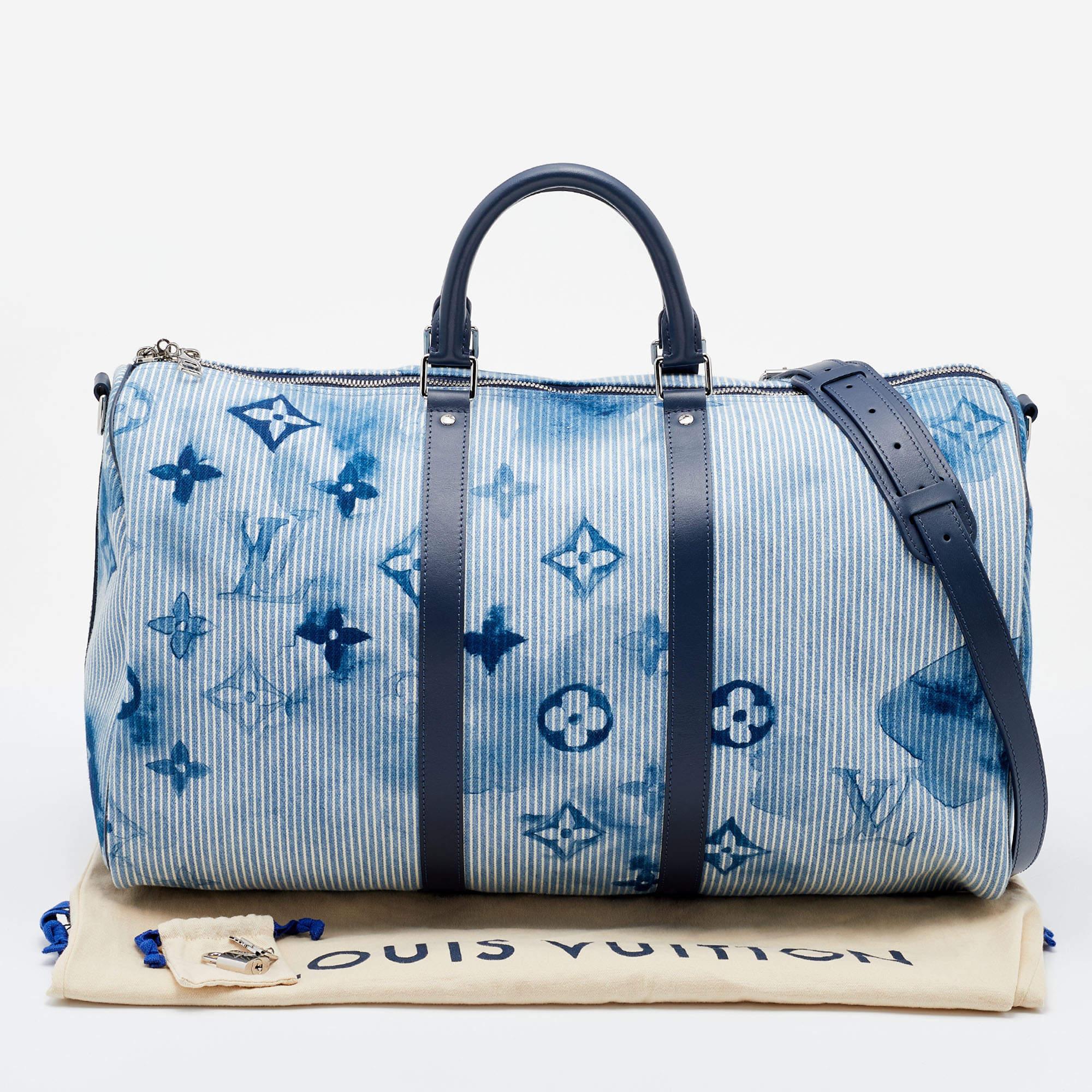 Louis Vuitton Watercolor Monogram Denim Hickory Stripe Keepall 50 Bandoulier Bag In Excellent Condition In Dubai, Al Qouz 2